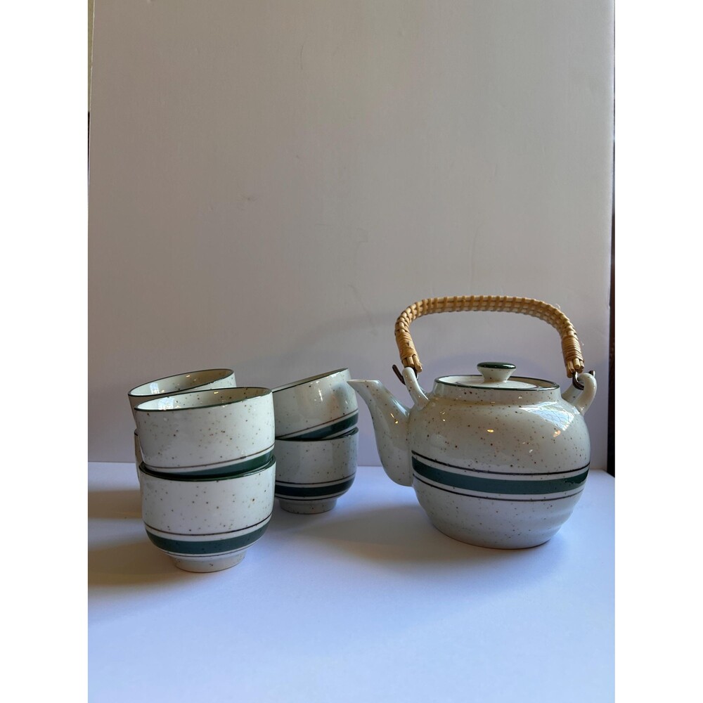Vintage Stoneware Teapot & 6 Cups, Speckled Ceramic Tea Set, Green Stripe